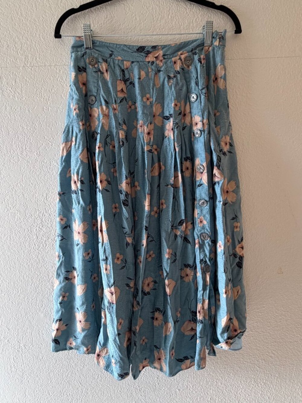 Rebecca Taylor Silk Blend Blue Floral Button Detail Midi Skirt, Size 4